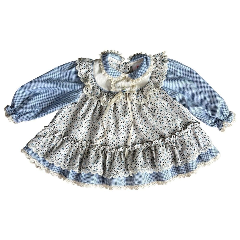 Vintage K.L.L. Baby Girl Dress 12M Blue Floral Gingham Lace Trim Ruffle Made USA